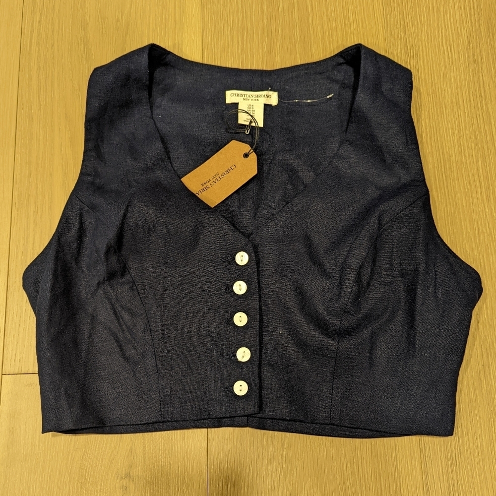Christian Siriano Navy Sleeveless Crop Top with White Buttons
